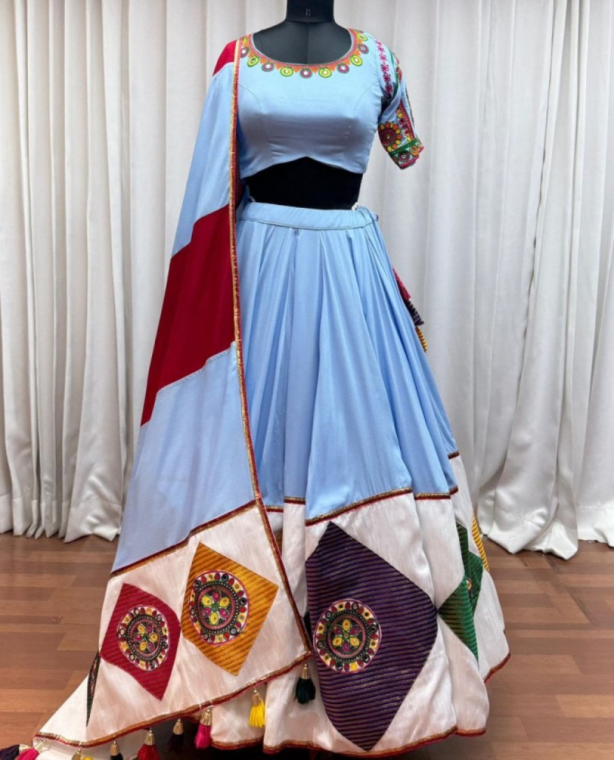 11041-blue - Garba Elegance in Light Blue Patchwork Splendor